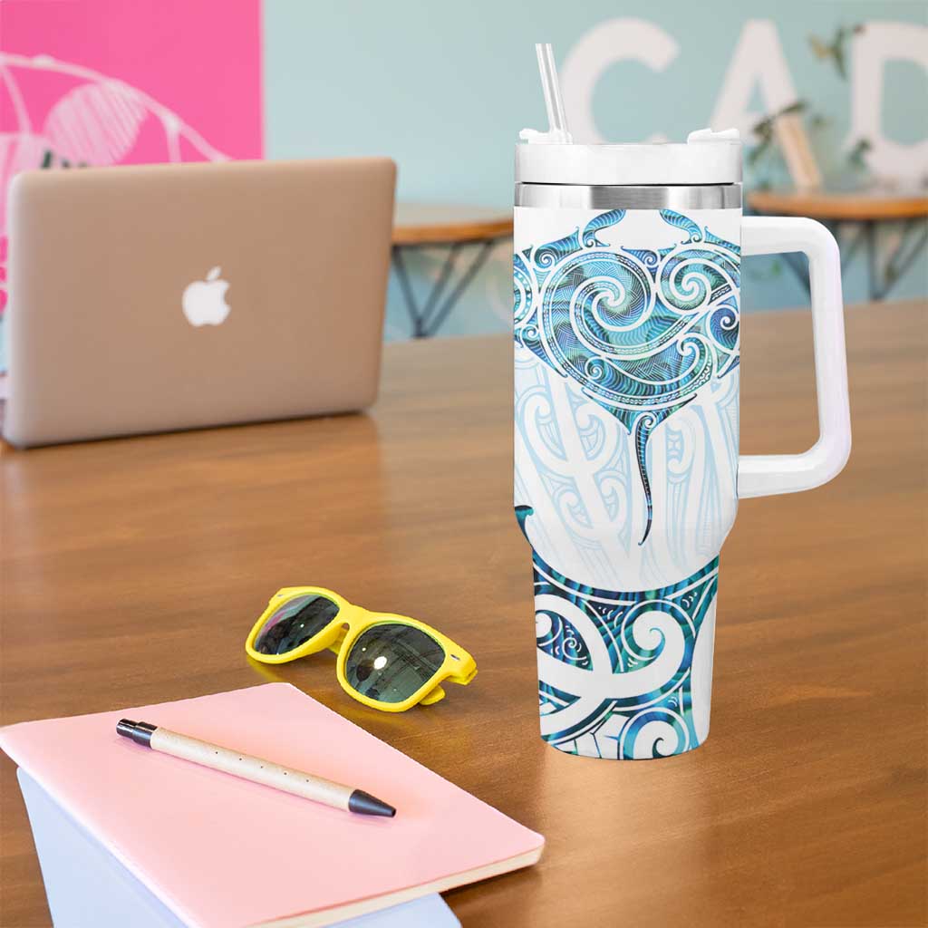 New Zealand Manta Ray Tattoo Tumbler With Handle Aotearoa Maori Haehae Paua Shell - Polynesian Pride