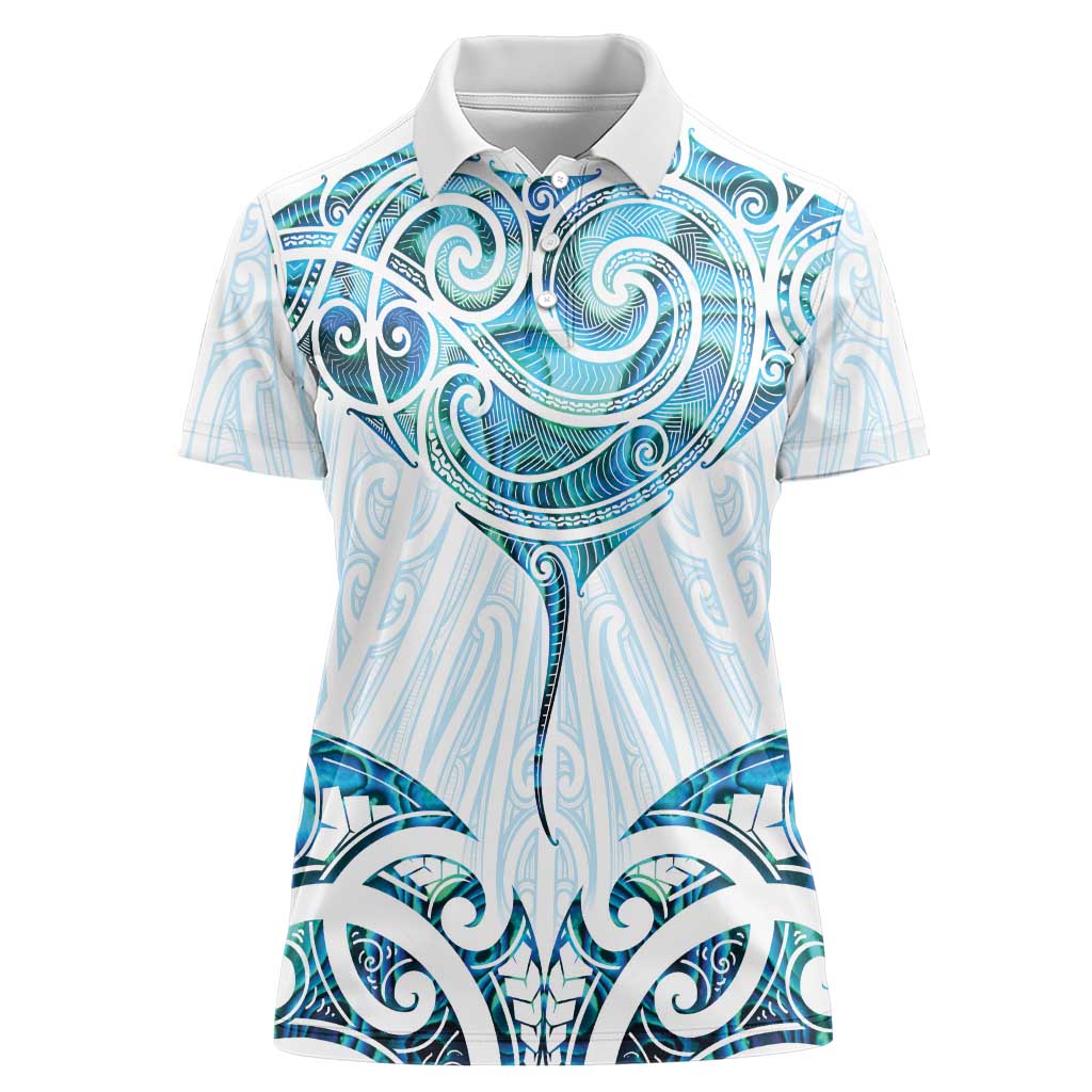 New Zealand Manta Ray Tattoo Women Polo Shirt Aotearoa Maori Haehae Paua Shell - Polynesian Pride