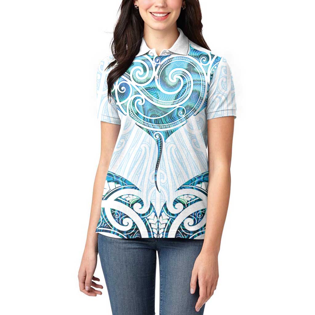 New Zealand Manta Ray Tattoo Women Polo Shirt Aotearoa Maori Haehae Paua Shell - Polynesian Pride