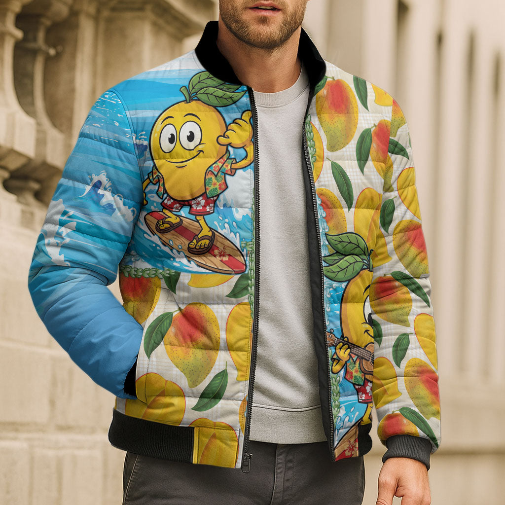 Aloha Hawaii Summer Bomber Puffer Jacket Hawaiian Lei Surfing Mango Palaka Motifs