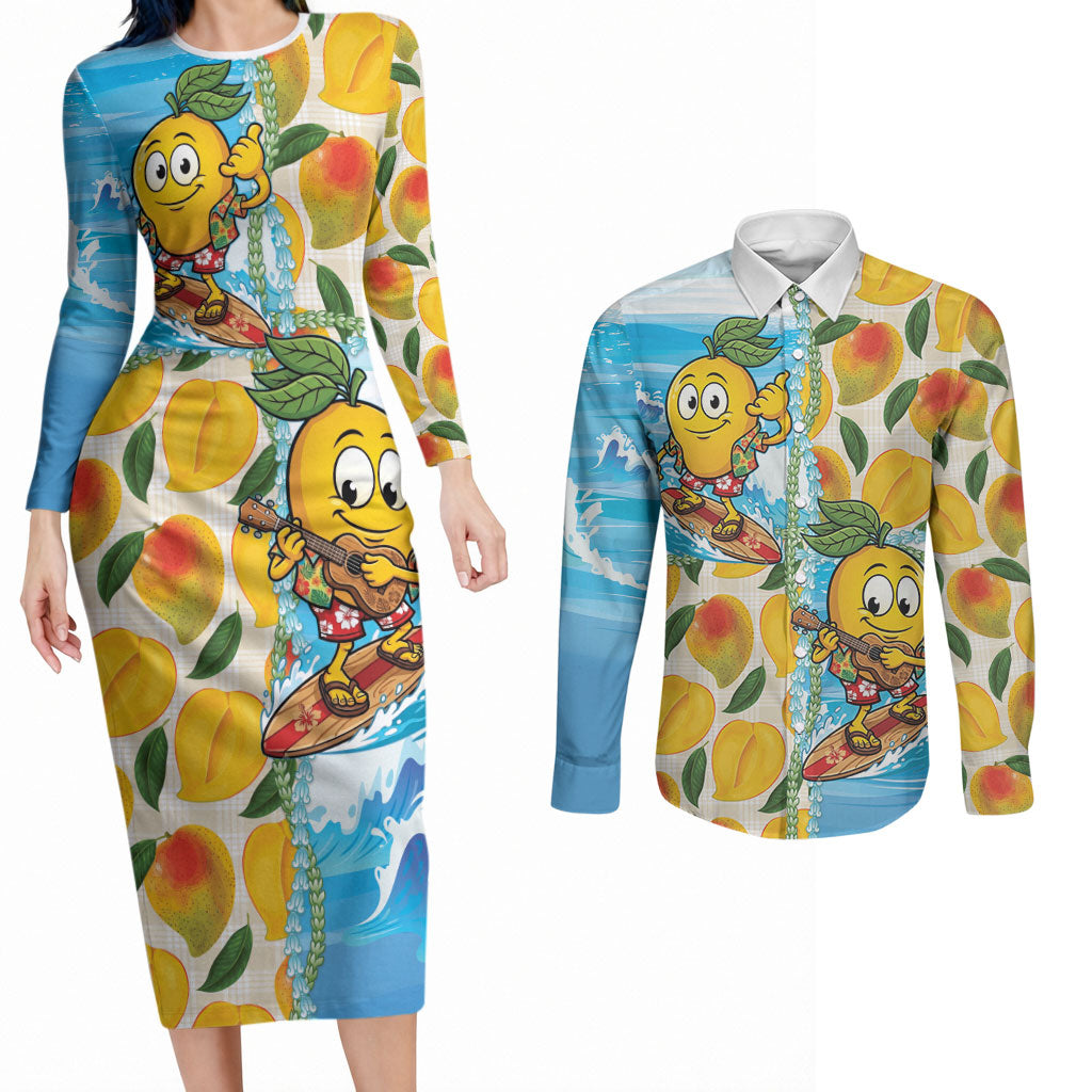 Aloha Hawaii Summer Couples Matching Long Sleeve Bodycon Dress and Long Sleeve Button Shirt Hawaiian Lei Surfing Mango Palaka Motifs
