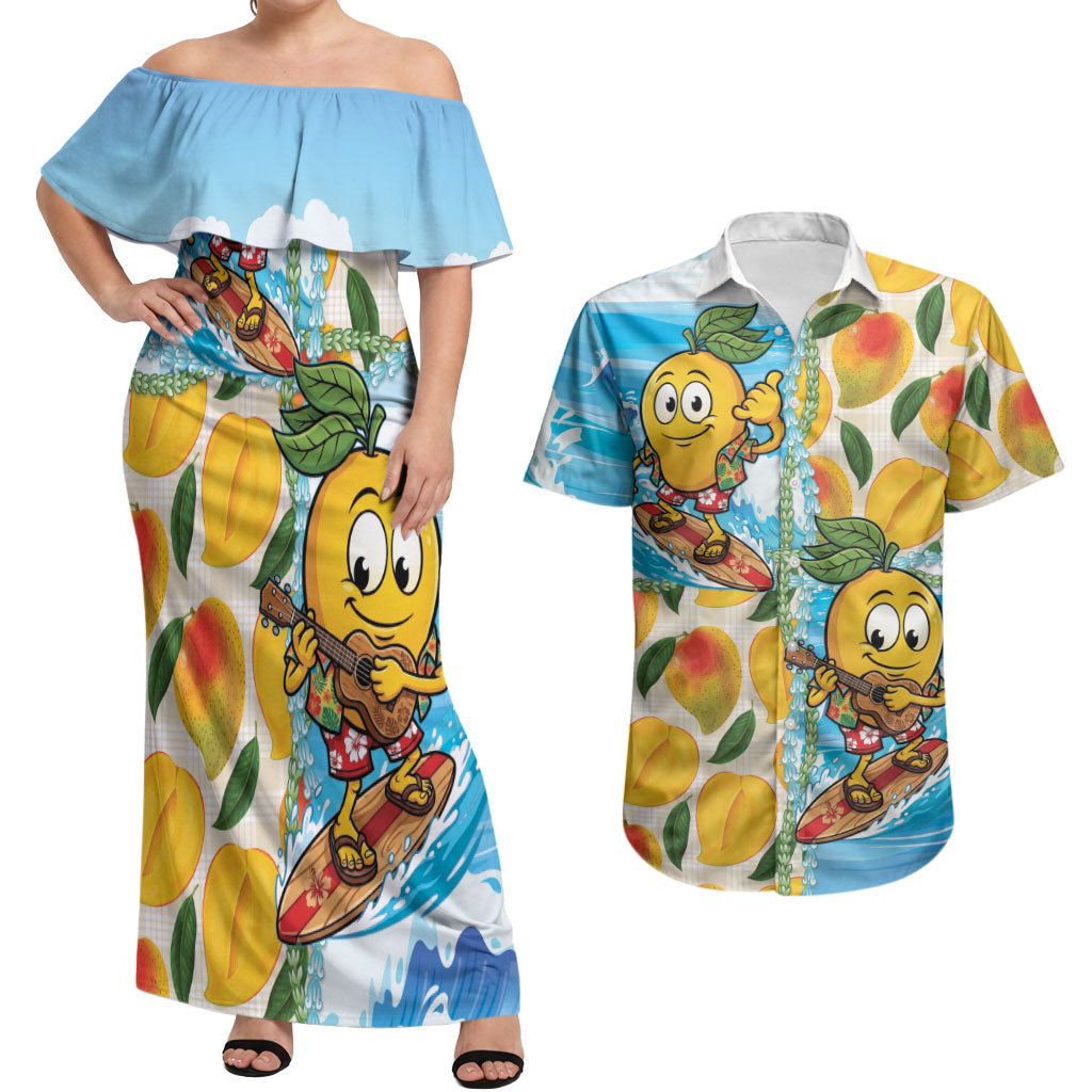 Aloha Hawaii Summer Couples Matching Off Shoulder Maxi Dress and Hawaiian Shirt Hawaiian Lei Surfing Mango Palaka Motifs