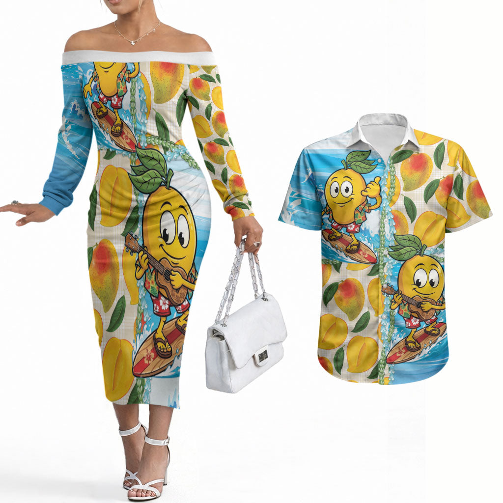 Aloha Hawaii Summer Couples Matching Off The Shoulder Long Sleeve Dress and Hawaiian Shirt Hawaiian Lei Surfing Mango Palaka Motifs LT14 Blue - Polynesian Pride