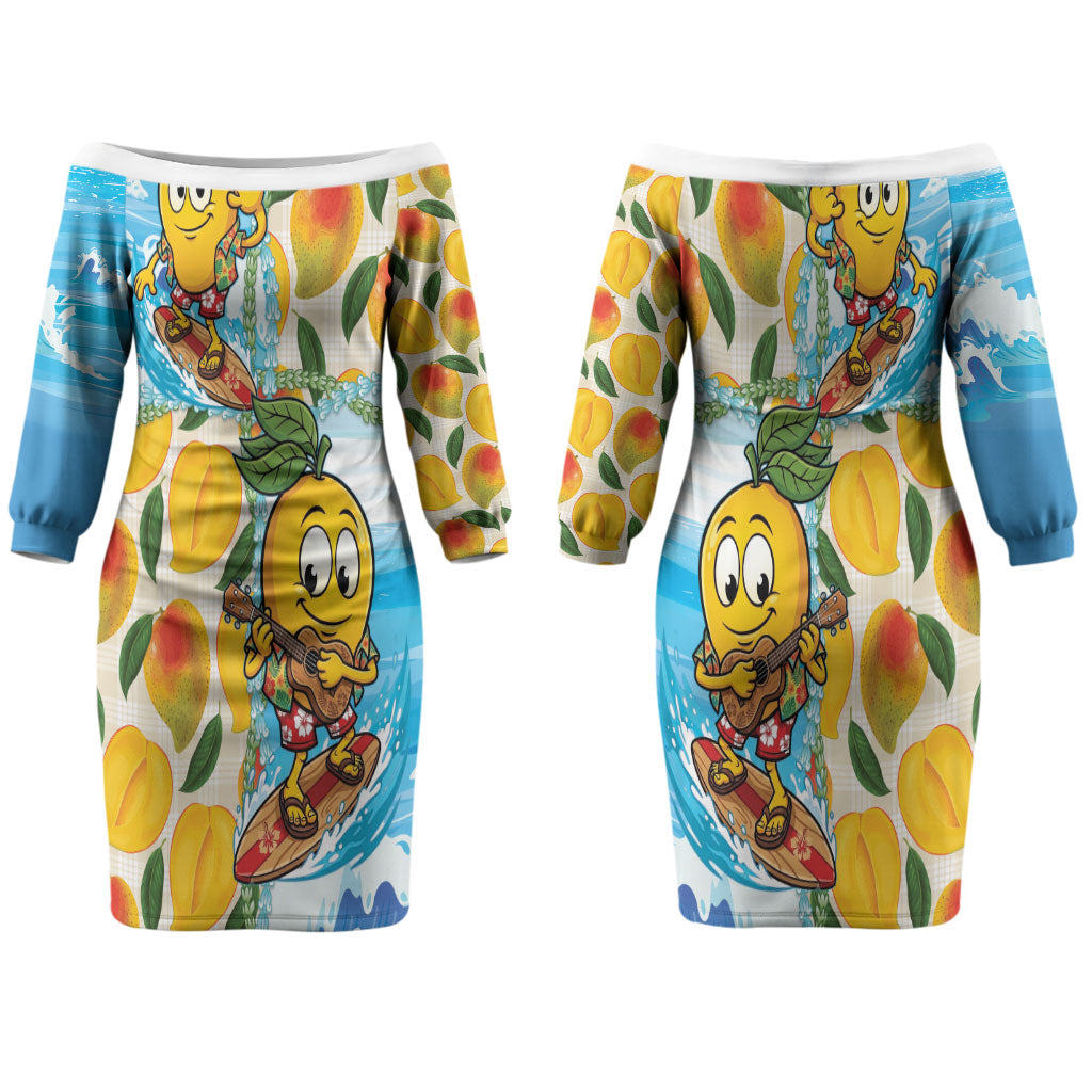 Aloha Hawaii Summer Couples Matching Off The Shoulder Long Sleeve Dress and Long Sleeve Button Shirt Hawaiian Lei Surfing Mango Palaka Motifs