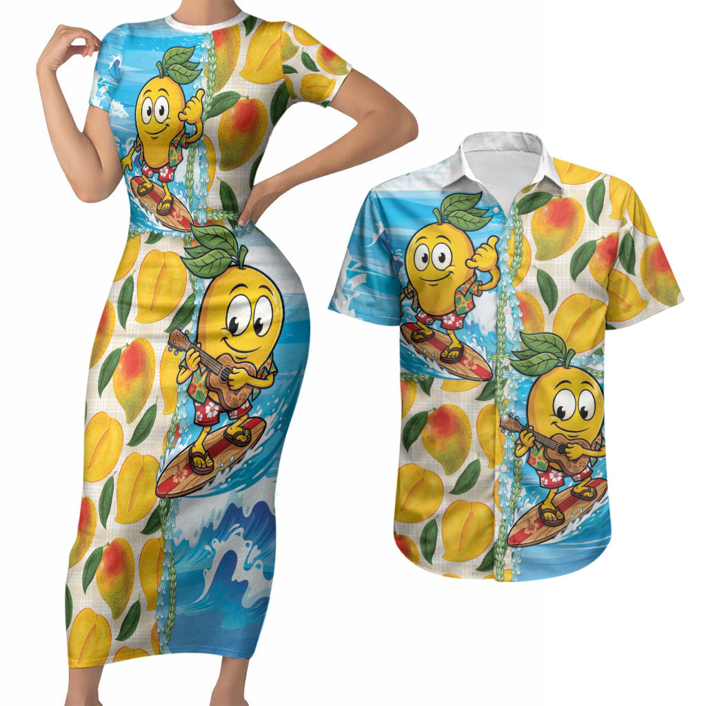 Aloha Hawaii Summer Couples Matching Short Sleeve Bodycon Dress and Hawaiian Shirt Hawaiian Lei Surfing Mango Palaka Motifs