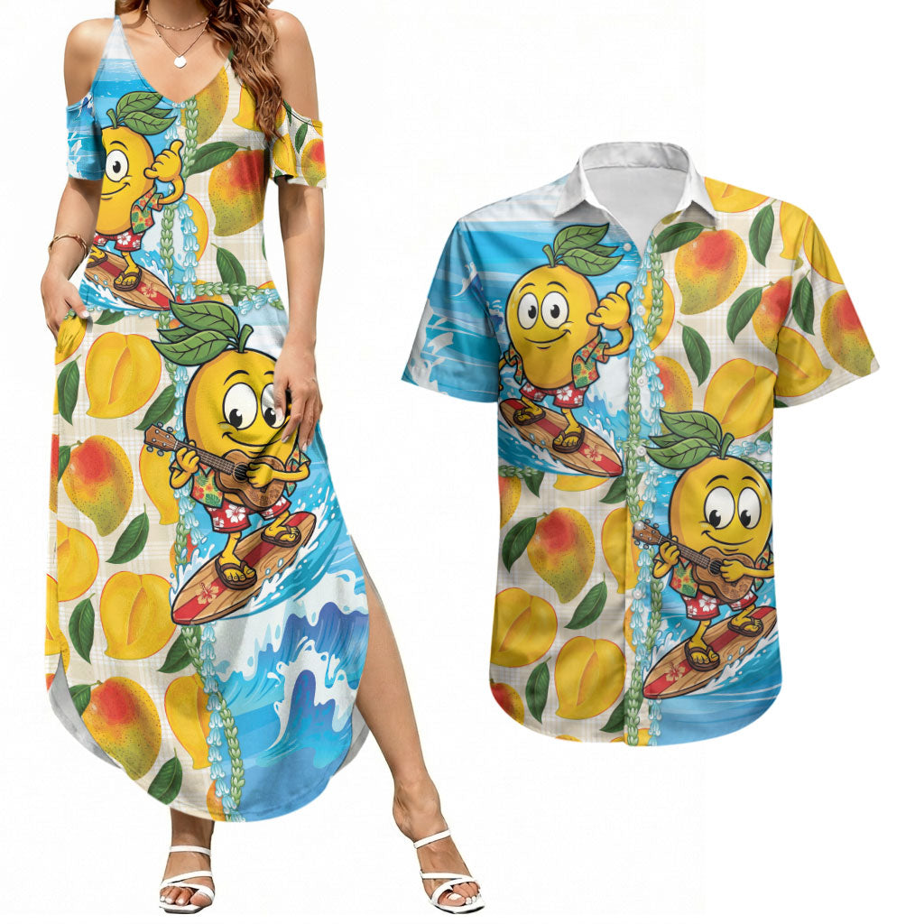Aloha Hawaii Summer Couples Matching Summer Maxi Dress and Hawaiian Shirt Hawaiian Lei Surfing Mango Palaka Motifs