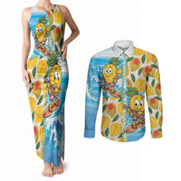 Aloha Hawaii Summer Couples Matching Tank Maxi Dress and Long Sleeve Button Shirt Hawaiian Lei Surfing Mango Palaka Motifs