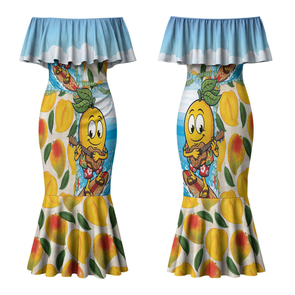 Aloha Hawaii Summer Family Matching Mermaid Dress and Hawaiian Shirt Hawaiian Lei Surfing Mango Palaka Motifs LT14 Mom's Dress Blue - Polynesian Pride