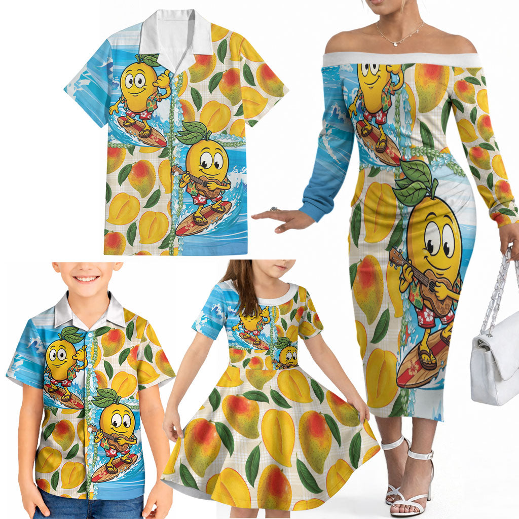 Aloha Hawaii Summer Family Matching Off The Shoulder Long Sleeve Dress and Hawaiian Shirt Hawaiian Lei Surfing Mango Palaka Motifs