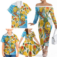 Aloha Hawaii Summer Family Matching Off The Shoulder Long Sleeve Dress and Hawaiian Shirt Hawaiian Lei Surfing Mango Palaka Motifs