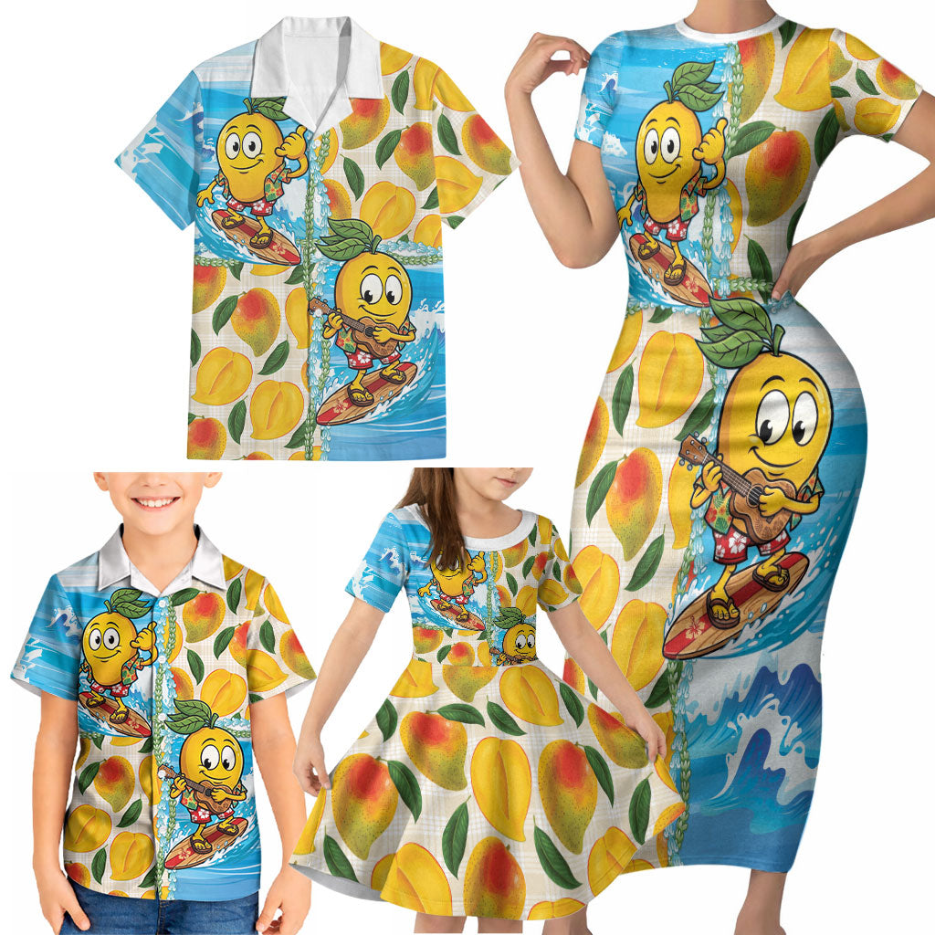 Aloha Hawaii Summer Family Matching Short Sleeve Bodycon Dress and Hawaiian Shirt Hawaiian Lei Surfing Mango Palaka Motifs