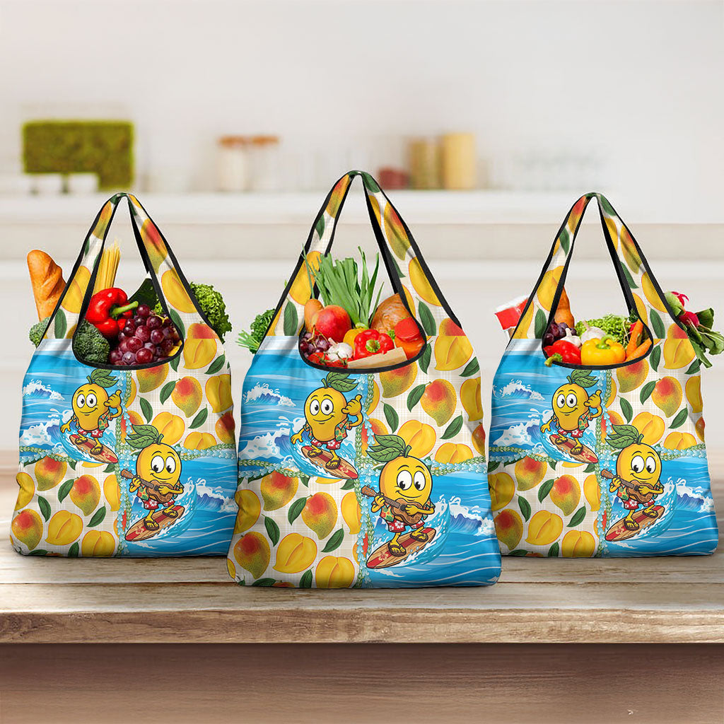 Aloha Hawaii Summer Grocery Bag Hawaiian Lei Surfing Mango Palaka Motifs LT14 3-pack One Size Blue - Polynesian Pride