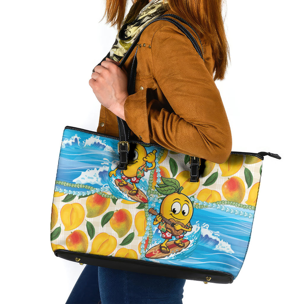 Aloha Hawaii Summer Leather Tote Bag Hawaiian Lei Surfing Mango Palaka Motifs