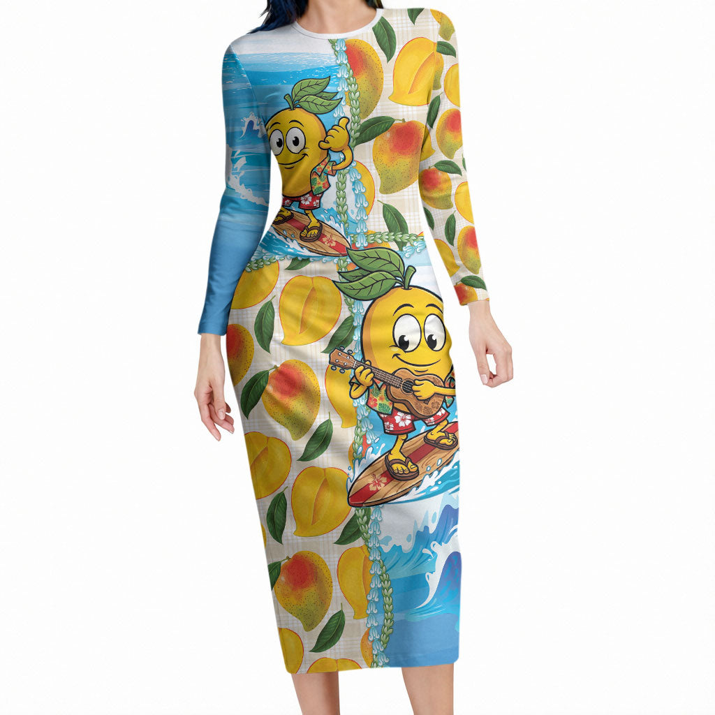 Aloha Hawaii Summer Long Sleeve Bodycon Dress Hawaiian Lei Surfing Mango Palaka Motifs LT14