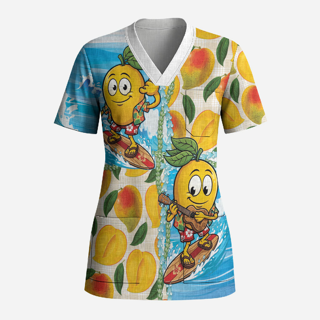Aloha Hawaii Summer Scrub Top Hawaiian Lei Surfing Mango Palaka Motifs