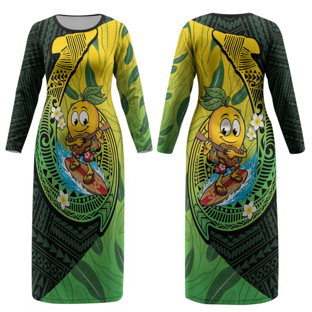 Hawaii Surfing Mango Couples Matching Long Sleeve Bodycon Dress and Hawaiian Shirt Manako Polynesian Fish Hook