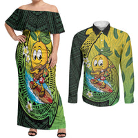 Hawaii Surfing Mango Couples Matching Off Shoulder Maxi Dress and Long Sleeve Button Shirt Manako Polynesian Fish Hook