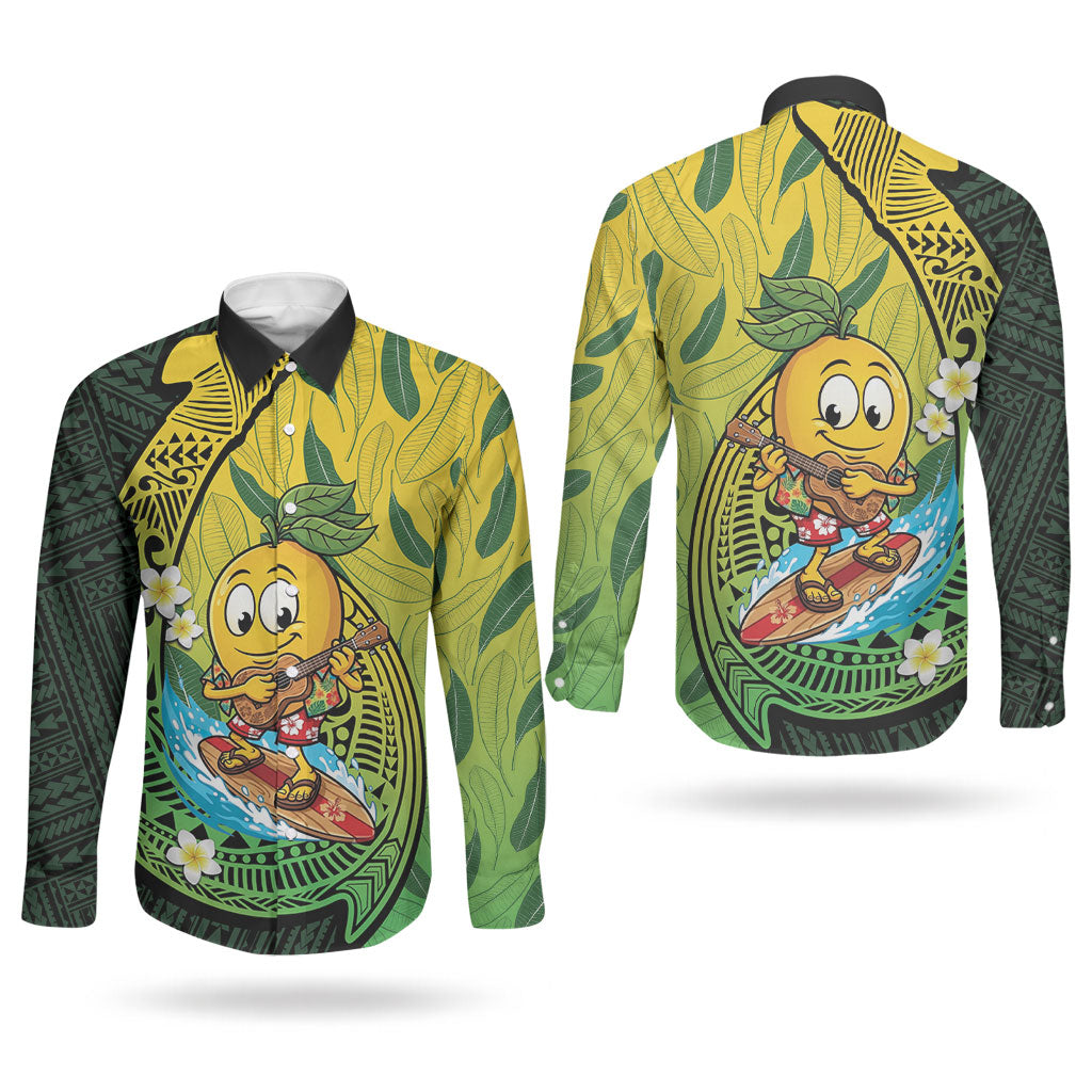 Hawaii Surfing Mango Couples Matching Off Shoulder Maxi Dress and Long Sleeve Button Shirt Manako Polynesian Fish Hook