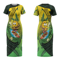 Hawaii Surfing Mango Couples Matching Short Sleeve Bodycon Dress and Long Sleeve Button Shirt Manako Polynesian Fish Hook
