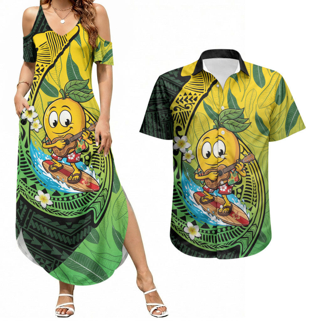 Hawaii Surfing Mango Couples Matching Summer Maxi Dress and Hawaiian Shirt Manako Polynesian Fish Hook