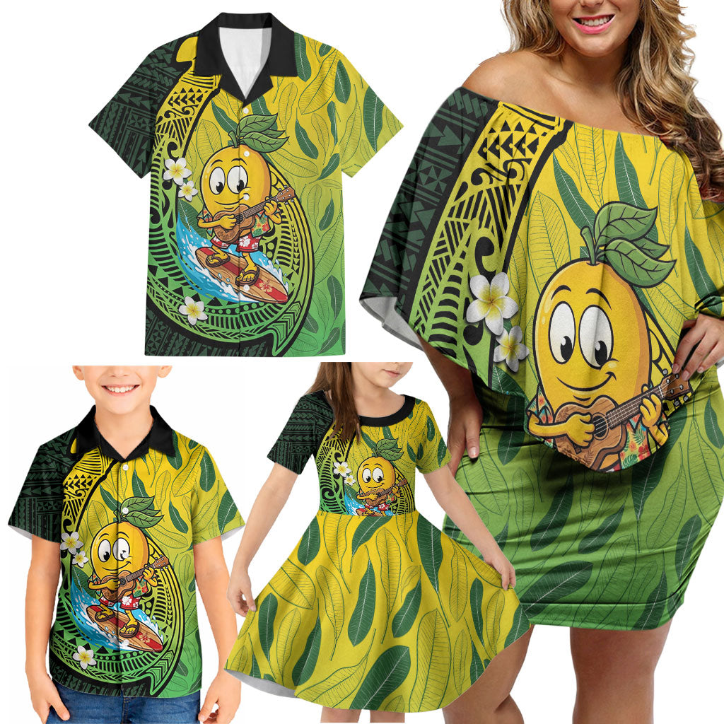Hawaii Surfing Mango Family Matching Off Shoulder Short Dress and Hawaiian Shirt Manako Polynesian Fish Hook