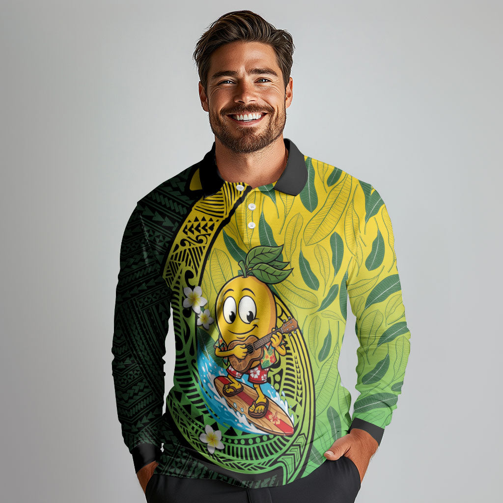 Hawaii Surfing Mango Long Sleeve Polo Shirt Manako Polynesian Fish Hook