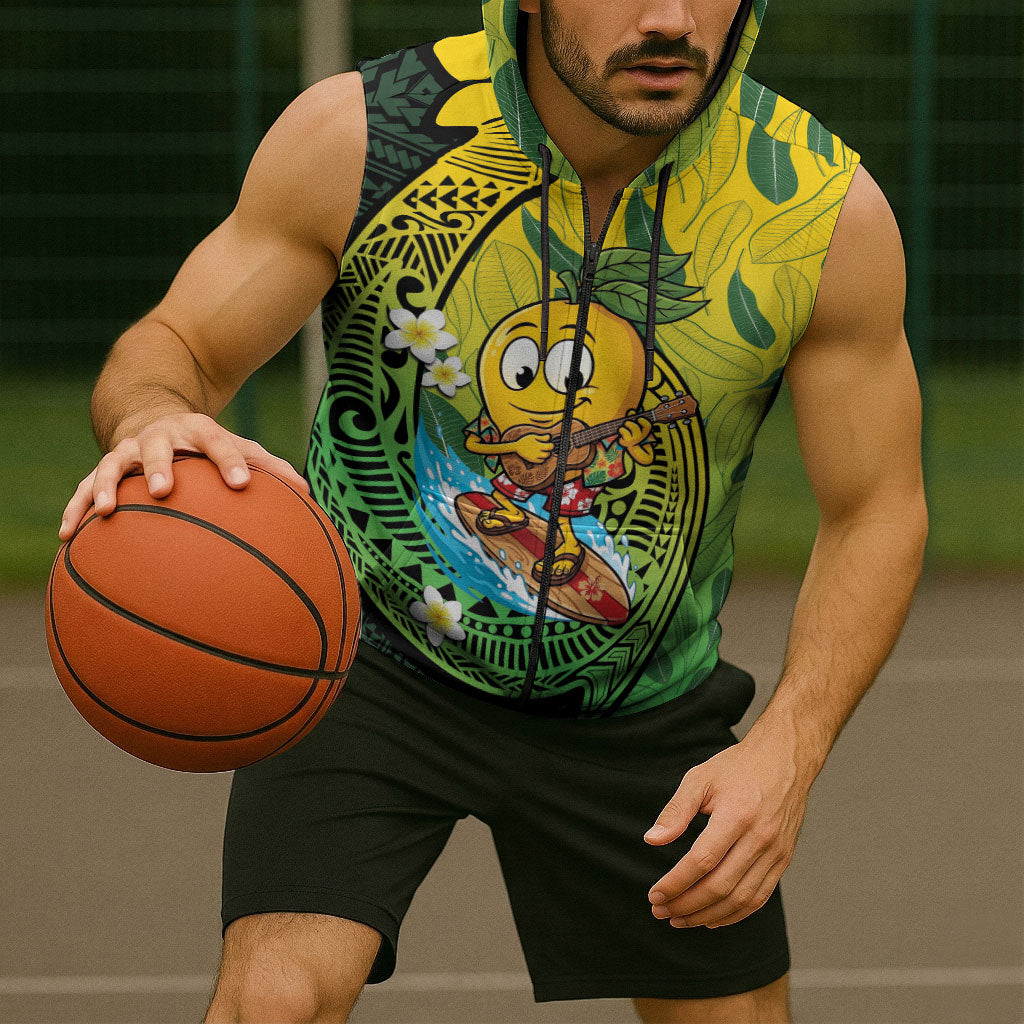 Hawaii Surfing Mango Sleeveless Zip Hoodie Manako Polynesian Fish Hook