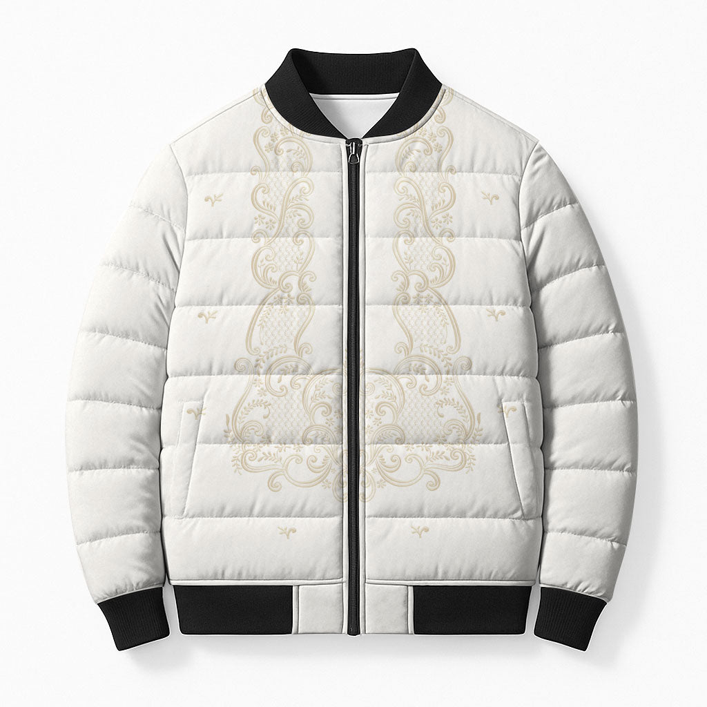 Philippines National Costume Bomber Puffer Jacket Barong Tagalog Inspired Ivory White Color LT14 Unisex Ivory White - Polynesian Pride