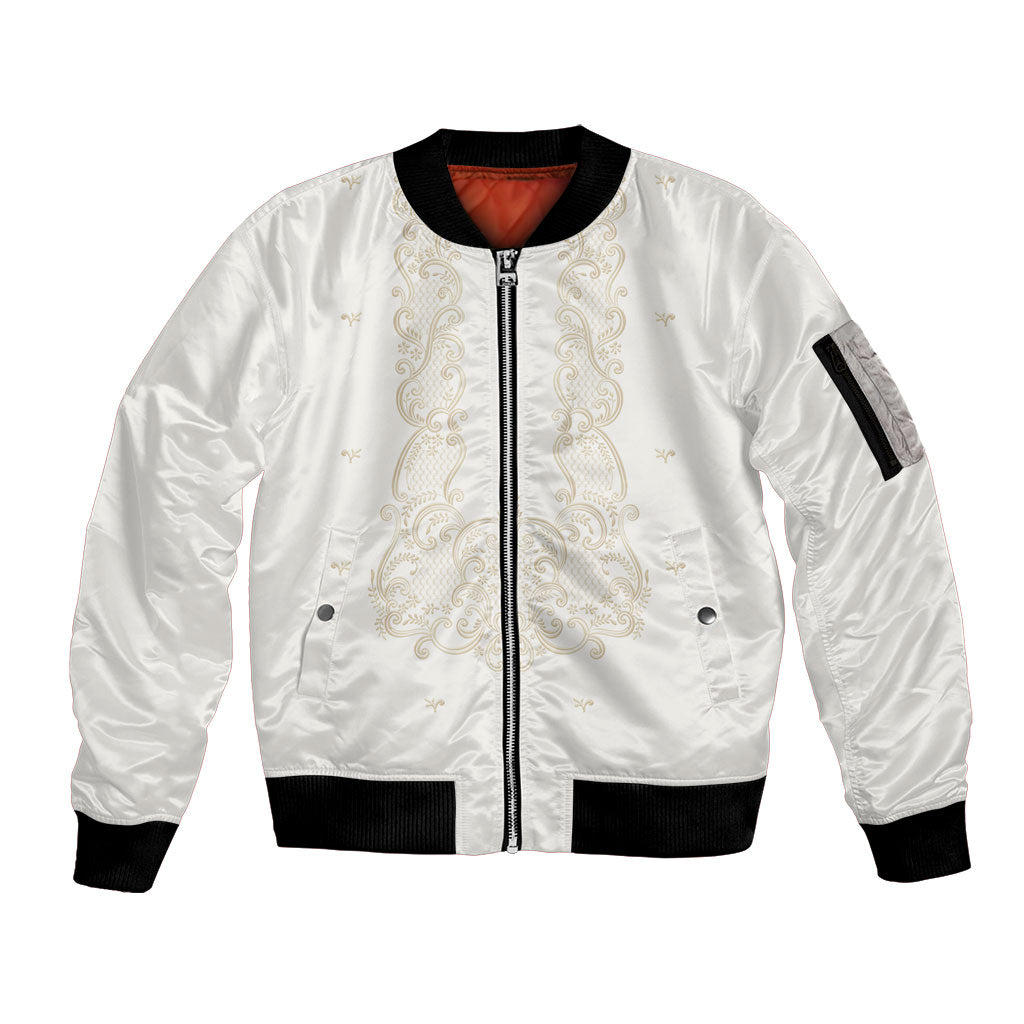Philippines National Costume Sleeve Zip Bomber Jacket Barong Tagalog Inspired Ivory White Color LT14 Unisex Ivory White - Polynesian Pride