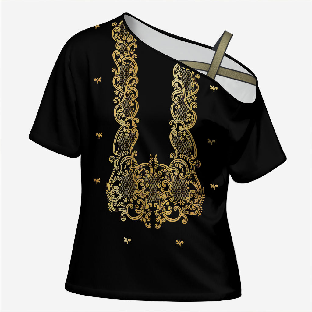 Philippines National Costume Cross Shoulder Shirt Barong Tagalog Inspired Black Color LT14 Female Black - Polynesian Pride