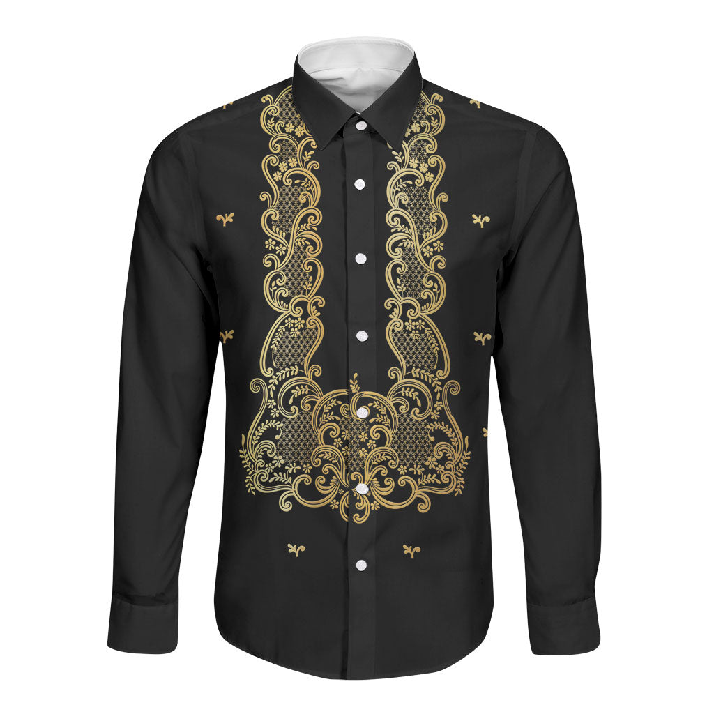 Philippines National Costume Long Sleeve Button Shirt Barong Tagalog Inspired Black Color LT14 Unisex Black - Polynesian Pride