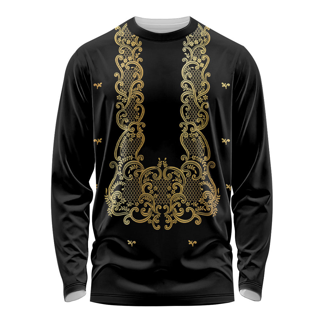 Philippines National Costume Long Sleeve Shirt Barong Tagalog Inspired Black Color LT14 Unisex Black - Polynesian Pride