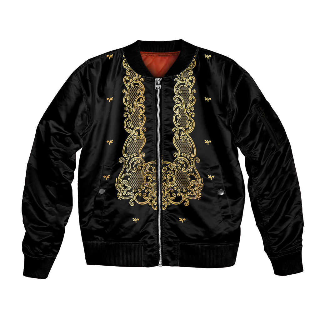 Philippines National Costume Sleeve Zip Bomber Jacket Barong Tagalog Inspired Black Color LT14 Unisex Black - Polynesian Pride