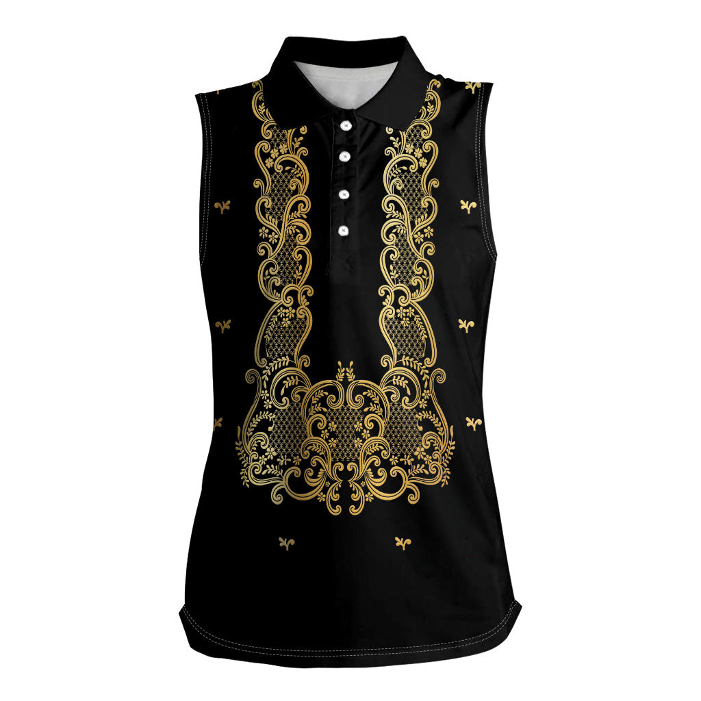 Philippines National Costume Women Sleeveless Polo Shirt Barong Tagalog Inspired Black Color LT14 Female Black - Polynesian Pride