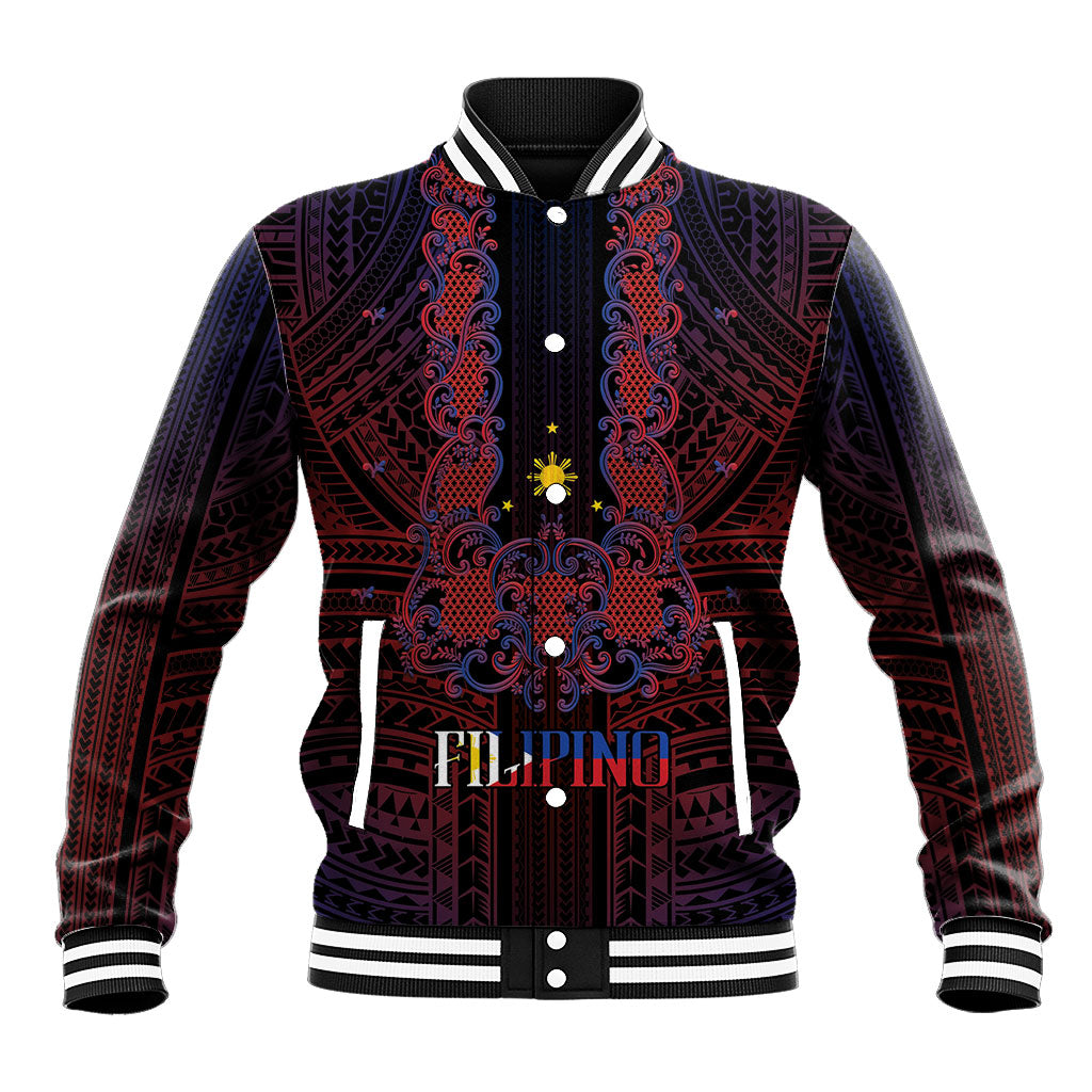 Filipino Barong Tagalog Inspired Personalised Baseball Jacket Mabuhay Philippines Festival Polynesian Pattern LT14 Unisex Black - Polynesian Pride