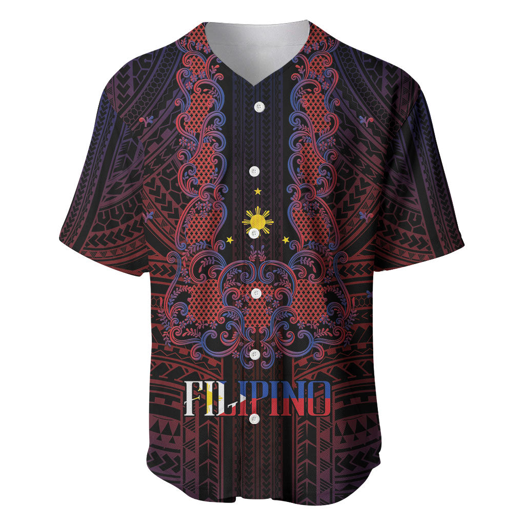 Filipino Barong Tagalog Inspired Personalised Baseball Jersey Mabuhay Philippines Festival Polynesian Pattern LT14 Black - Polynesian Pride