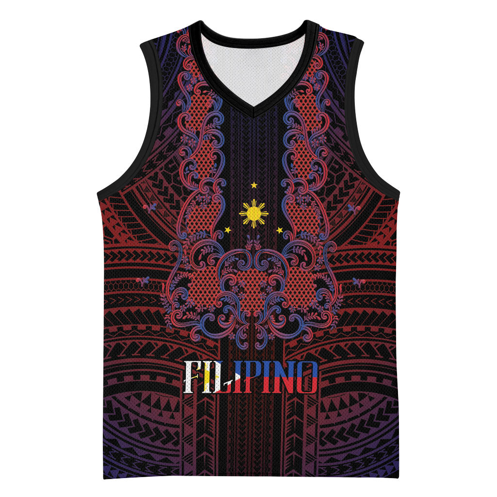 Filipino Barong Tagalog Inspired Personalised Basketball Jersey Mabuhay Philippines Festival Polynesian Pattern LT14 Unisex Black - Polynesian Pride