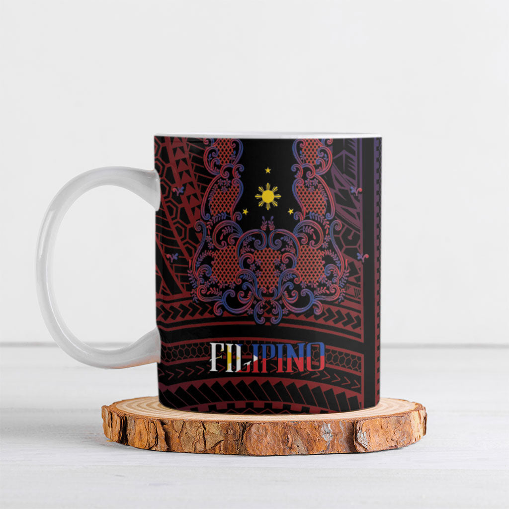 Filipino Barong Tagalog Inspired Personalised Ceramic Mug Mabuhay Philippines Festival Polynesian Pattern LT14 Black - Polynesian Pride