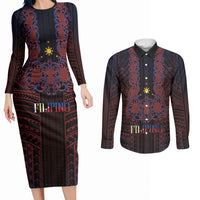 Filipino Barong Tagalog Inspired Personalised Couples Matching Long Sleeve Bodycon Dress and Long Sleeve Button Shirt Mabuhay Philippines Festival Polynesian Pattern LT14 Black - Polynesian Pride