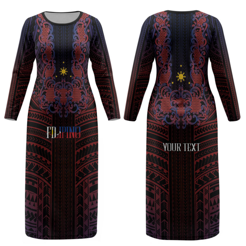 Filipino Barong Tagalog Inspired Personalised Couples Matching Long Sleeve Bodycon Dress and Long Sleeve Button Shirt Mabuhay Philippines Festival Polynesian Pattern LT14 - Polynesian Pride