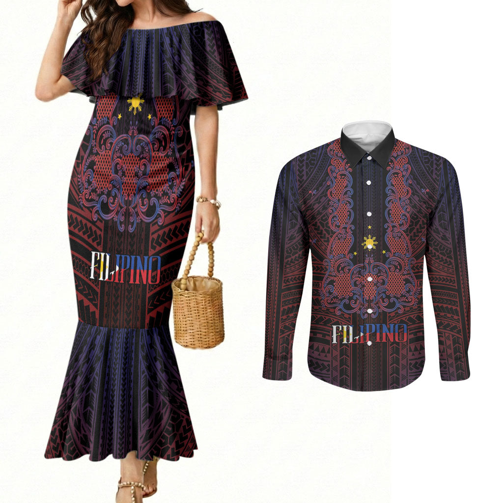 Filipino Barong Tagalog Inspired Personalised Couples Matching Mermaid Dress and Long Sleeve Button Shirt Mabuhay Philippines Festival Polynesian Pattern