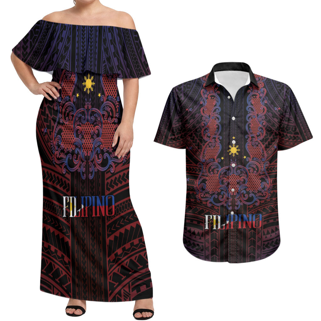 Filipino Barong Tagalog Inspired Personalised Couples Matching Off Shoulder Maxi Dress and Hawaiian Shirt Mabuhay Philippines Festival Polynesian Pattern LT14 Black - Polynesian Pride