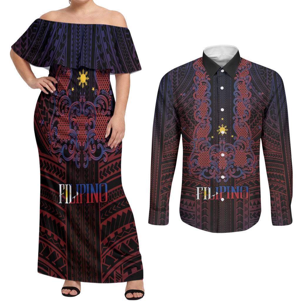 Filipino Barong Tagalog Inspired Personalised Couples Matching Off Shoulder Maxi Dress and Long Sleeve Button Shirt Mabuhay Philippines Festival Polynesian Pattern LT14 Black - Polynesian Pride