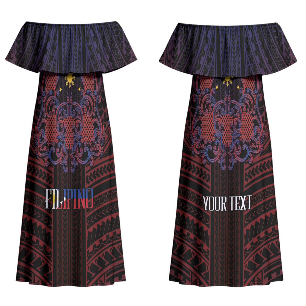 Filipino Barong Tagalog Inspired Personalised Couples Matching Off Shoulder Maxi Dress and Long Sleeve Button Shirt Mabuhay Philippines Festival Polynesian Pattern LT14 - Polynesian Pride