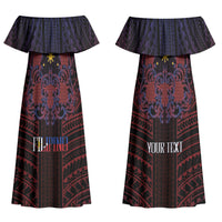 Filipino Barong Tagalog Inspired Personalised Couples Matching Off Shoulder Maxi Dress and Long Sleeve Button Shirt Mabuhay Philippines Festival Polynesian Pattern LT14 - Polynesian Pride