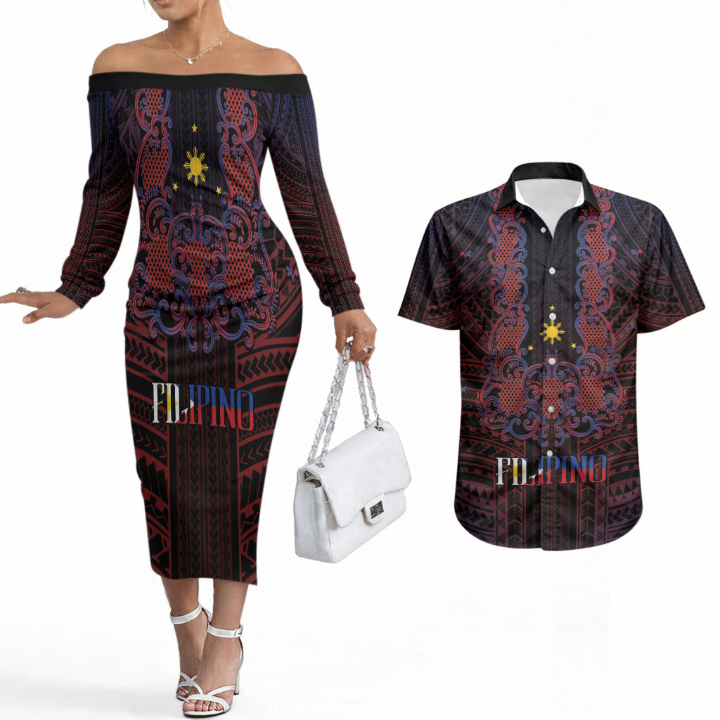 Filipino Barong Tagalog Inspired Personalised Couples Matching Off The Shoulder Long Sleeve Dress and Hawaiian Shirt Mabuhay Philippines Festival Polynesian Pattern