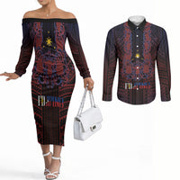 Filipino Barong Tagalog Inspired Personalised Couples Matching Off The Shoulder Long Sleeve Dress and Long Sleeve Button Shirt Mabuhay Philippines Festival Polynesian Pattern LT14 Black - Polynesian Pride