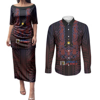 Filipino Barong Tagalog Inspired Personalised Couples Matching Puletasi and Long Sleeve Button Shirt Mabuhay Philippines Festival Polynesian Pattern LT14 Black - Polynesian Pride