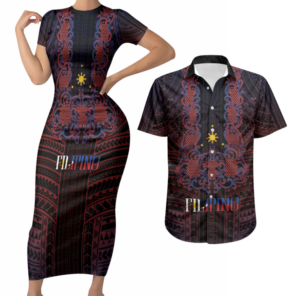 Filipino Barong Tagalog Inspired Personalised Couples Matching Short Sleeve Bodycon Dress and Hawaiian Shirt Mabuhay Philippines Festival Polynesian Pattern