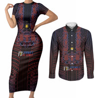Filipino Barong Tagalog Inspired Personalised Couples Matching Short Sleeve Bodycon Dress and Long Sleeve Button Shirt Mabuhay Philippines Festival Polynesian Pattern LT14 Black - Polynesian Pride